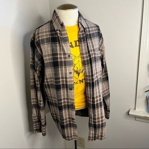 St. John's Bay Neutral Tan and Black Plaid Flannel Collared Shirt